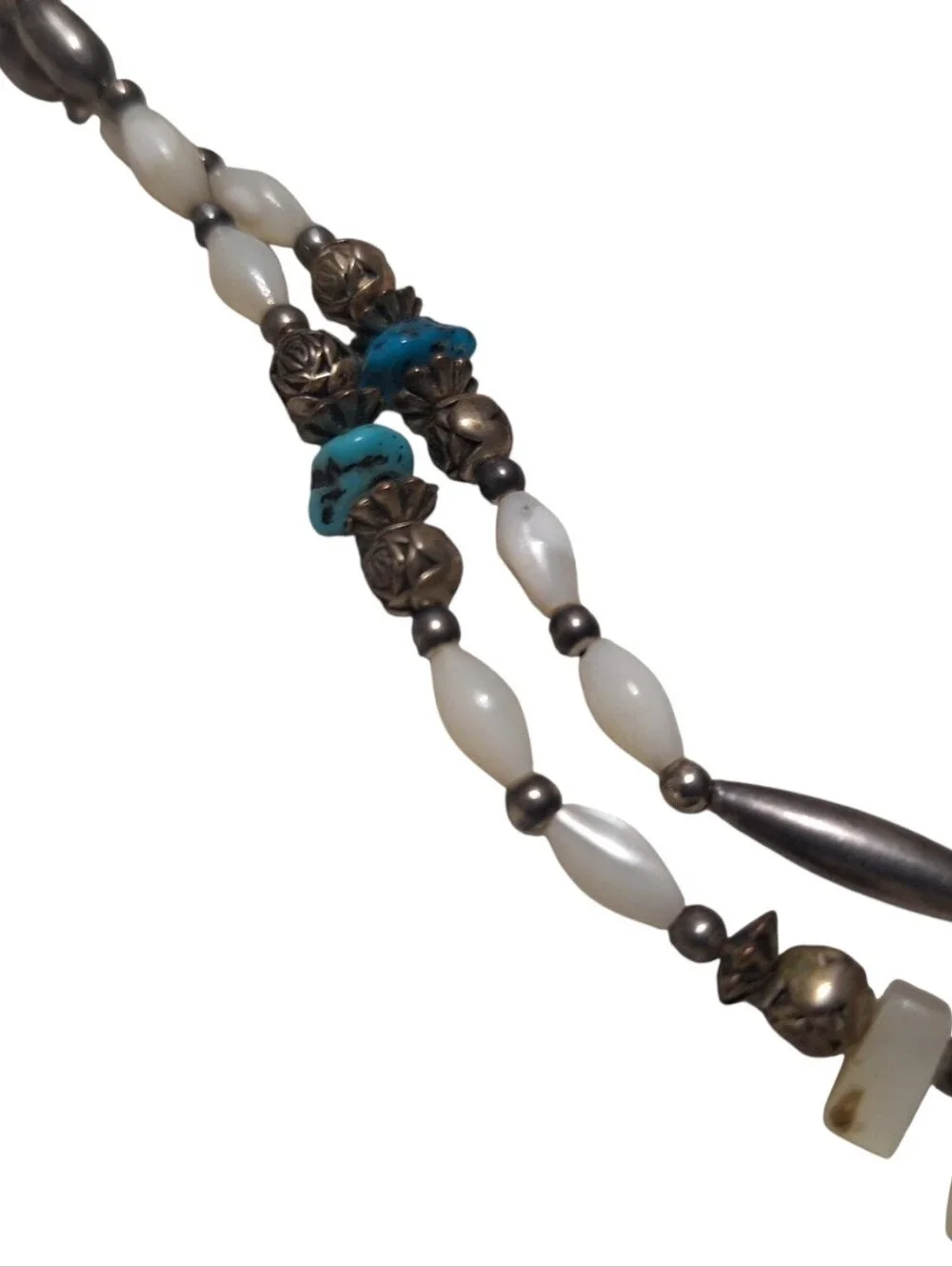 Vintage Double Strand Necklace Silver toned Metal w/ MOP & Natural Stones Boho